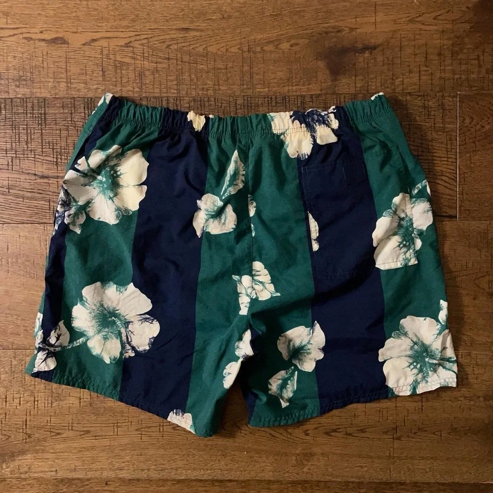 Nautica Swim Shorts Mens Medium Green Navy Tropical Floral Striped Vintage